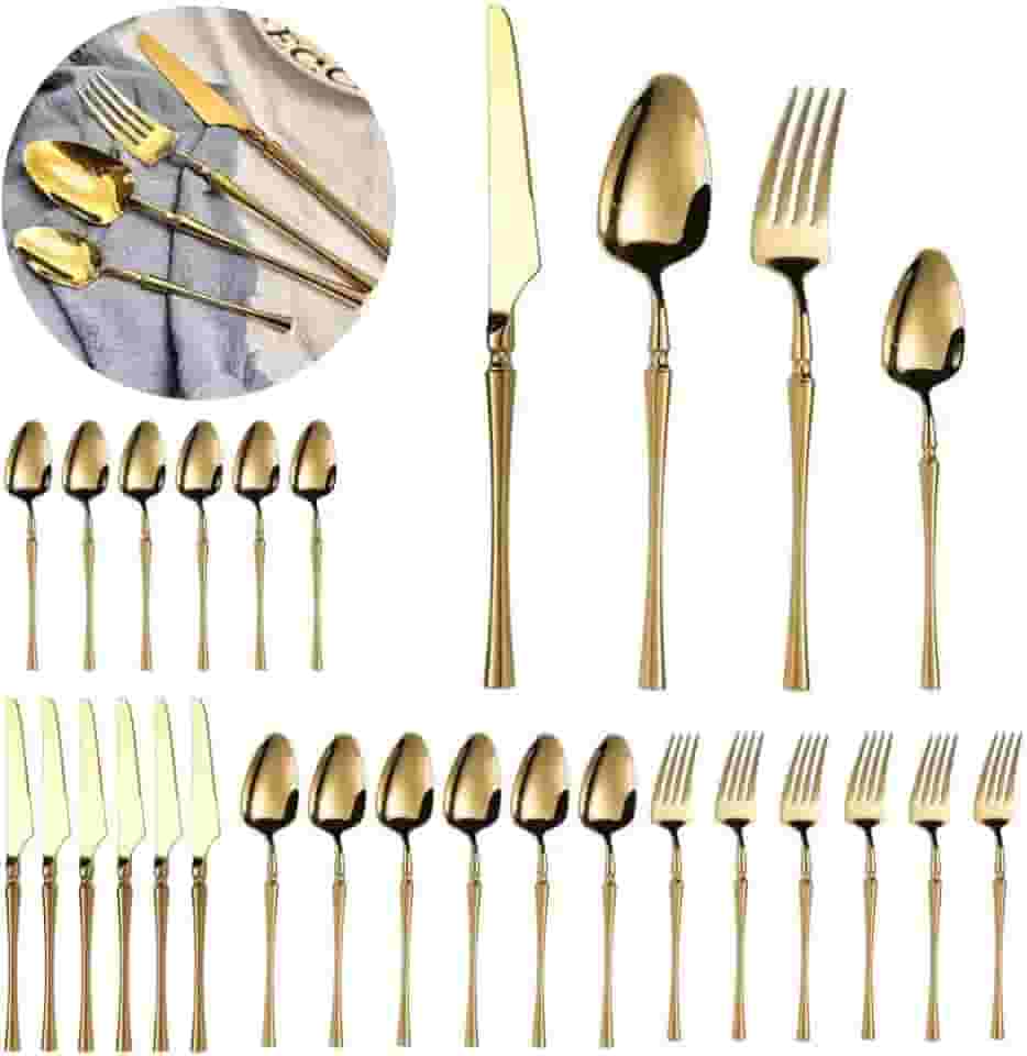 Kit Faqueiro 24 Peças em Aço Inox – Conjunto de Talheres Completo com Facas, Garfos e Colheres - Talheres para Jantar, Uso Diário e Ocasiões Especiais - LealShop (Dourado)
