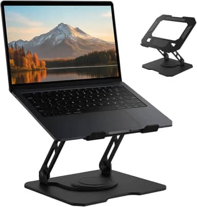 Suporte para Notebook de até 17' em Aço Carbono, Ajustável, Dobrável, Base Giratória 360° e Ventilação, Ergonômico e Portátil para Home Office e escritório, também para tablets e celulares