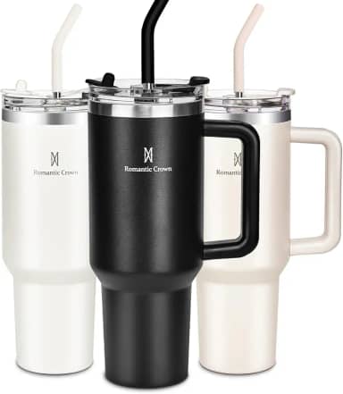 Romantic Crown Copo Térmico com Canudo Tampa e Alça 1,18L, Cops Garrafas Termico para viagem vácuo dupla camada aço inoxidável, Caneca Termica Cafe Água Chá,Presente, Fitness (Preto)