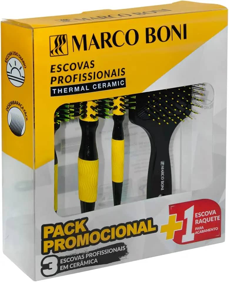 Marco Boni Kit Prof 3 Escovas Thermal Ceramic E 1 Escova Raquete Desembaraçante 6204 Amarelo 4 Unidades.