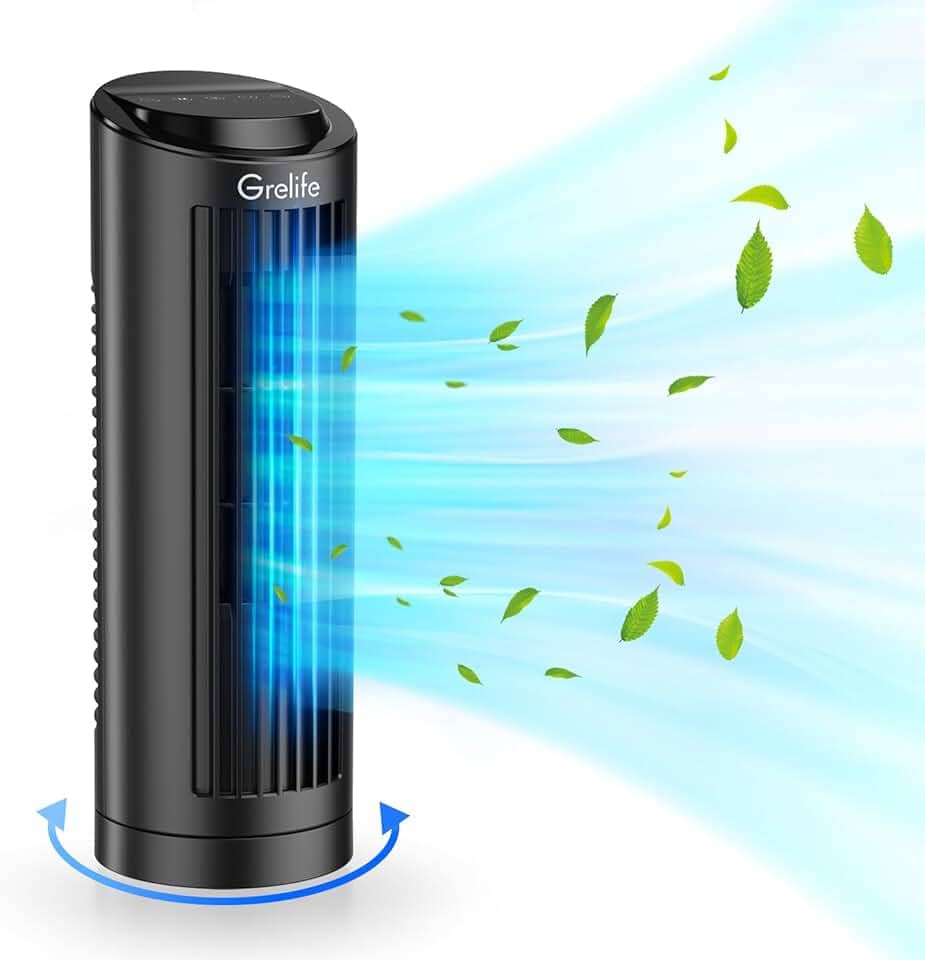 Grelife Ventilador de torre de 33.0 cm sem lâmina com oscilação de 70°, tela sensível ao toque e controle remoto, 3 velocidades, 4 modos de vento, temporizador de 12 horas - resfriamento compacto para