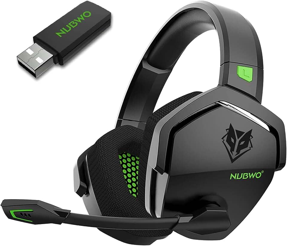 NUBWO Fone de ouvido G06 para jogos sem fio duplo com microfone para PS5, PS4, PC - Áudio de baixa latência de 23 ms - 100 horas de reprodução - Drivers de 50 mm (preto e verde)