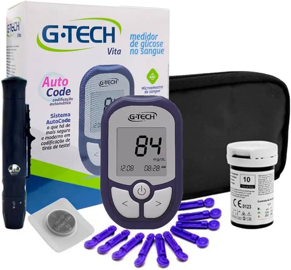 Kit Medidor de Glicose G-Tech Vita Com 10 Tiras + 10 Lancetas E Caneta Lancetadora - Glicosímetro Glicemia