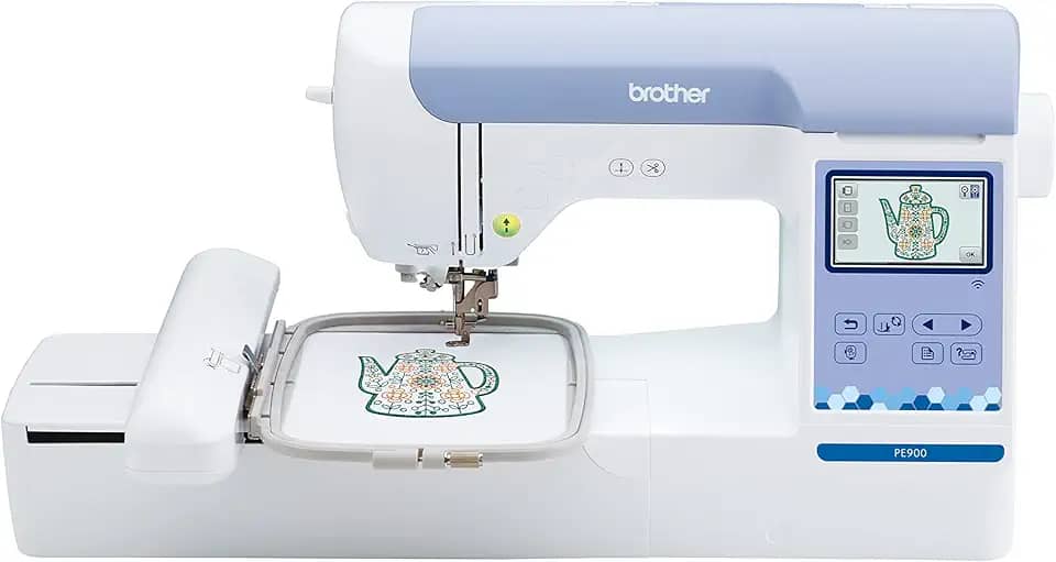 Brother Máquina de bordar PE900, 193 designs embutidos, área de aro de 12,7 cm x 17,7 cm, tela sensível ao toque LCD grande de 9,4 cm, porta USB, 13 estilos de fonte, branco