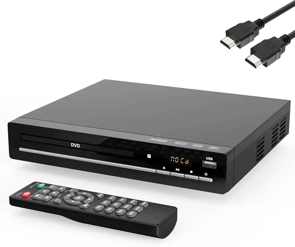 Leitor de DVD HD para TV com HDMI, sem região, leitor de CD para casa, reproduz todas as regiões e formatos, mini leitor de DVD com cabos USB, controle remoto, HDMI e RCA incluídos (DVD-003)