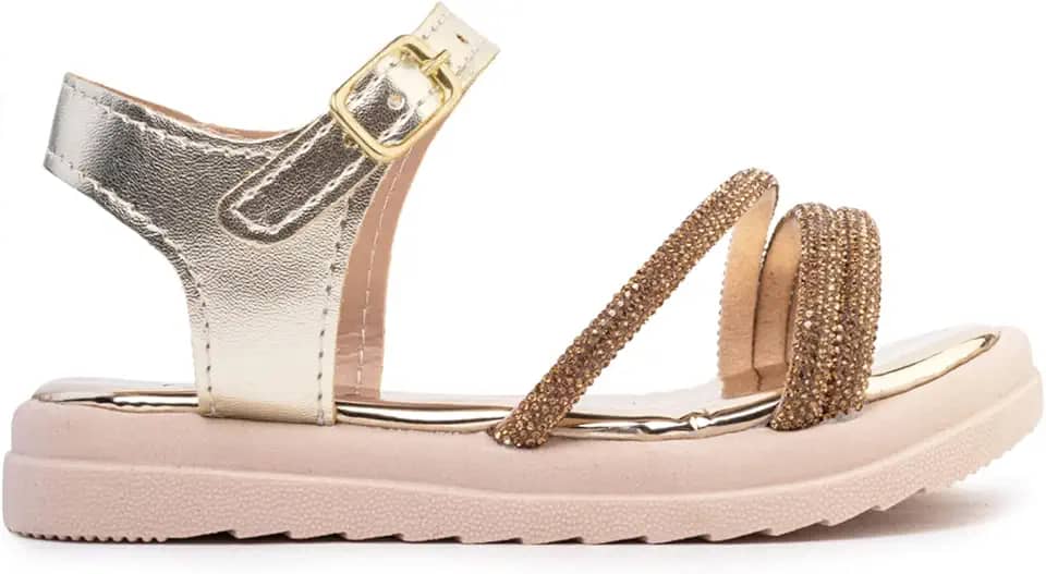 Sandália Infantil Papete com Tiras de Strass, Rosa e Dourado, Sola Leve Macio, Confortável