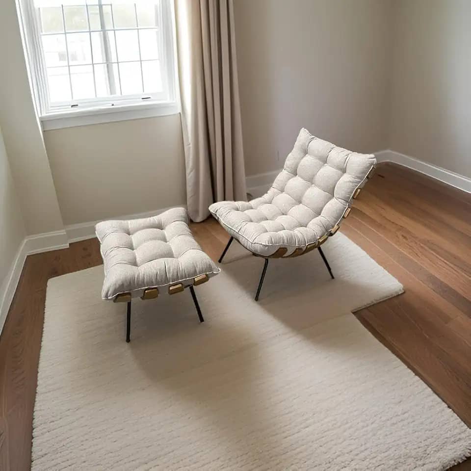 POLTRONA COSTELA G2HOME + PUFF LINHO BEGE LÂMINA MADEIRA