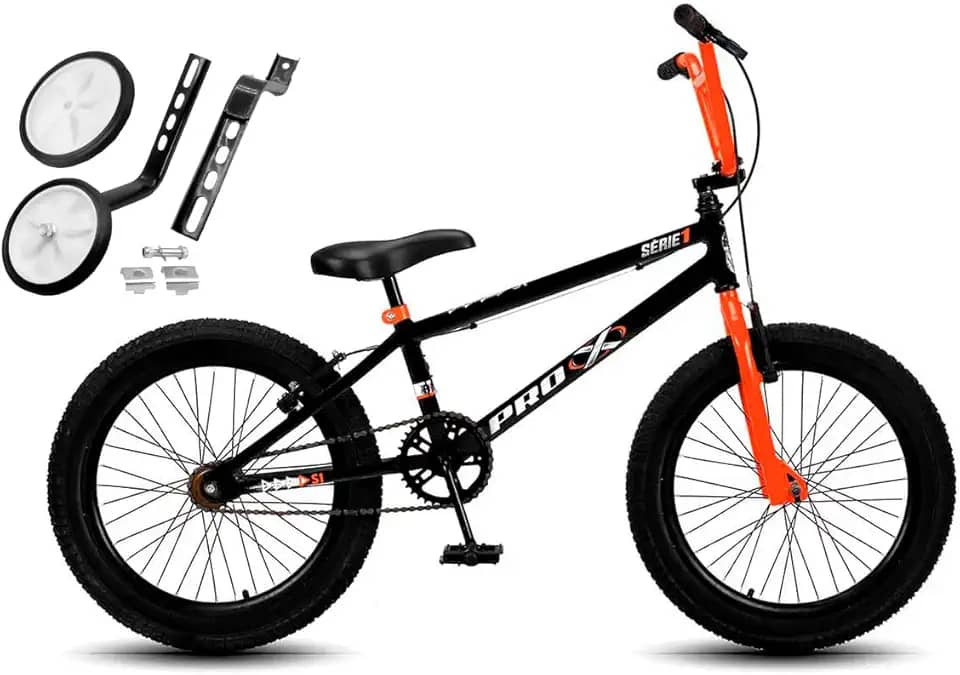 Bicicleta Aço Carbono Aro 20 BMX Infantil PRO X S1 V-Brake Com Rodinhas Traseira
