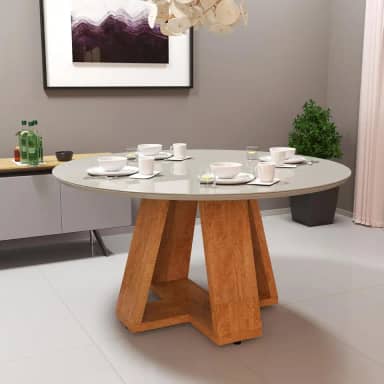 Mesa de Jantar Redonda Com Tampo de Vidro e Mdf 90x90 (Off white)