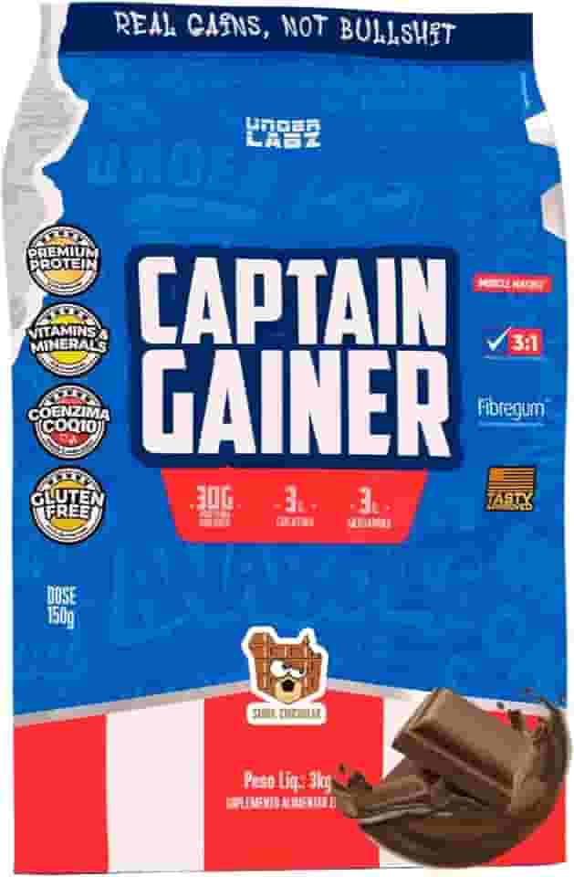 Captain Gainer Under Labz Hipercalórico Chocobear 3kg – Suplemento para Ganho de Peso e Massa Muscular com Alto Teor Calórico, Proteínas de Qualidade e Carboidratos Complexos, Energia e Força para Treinos Intensos