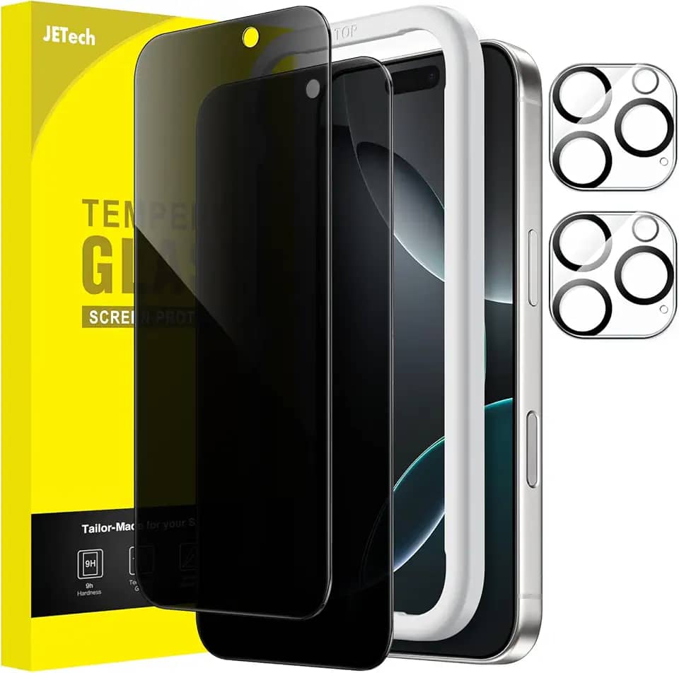 JETech Película de Vidro Temperado de Privacidade para iPhone 16 Pro 6,3 Polegadas com Protetor de Lente de Câmera, Protetor de Tela Anti-Espião, Ferramenta de Fácil de Instalar, 2 Pacotes Cada