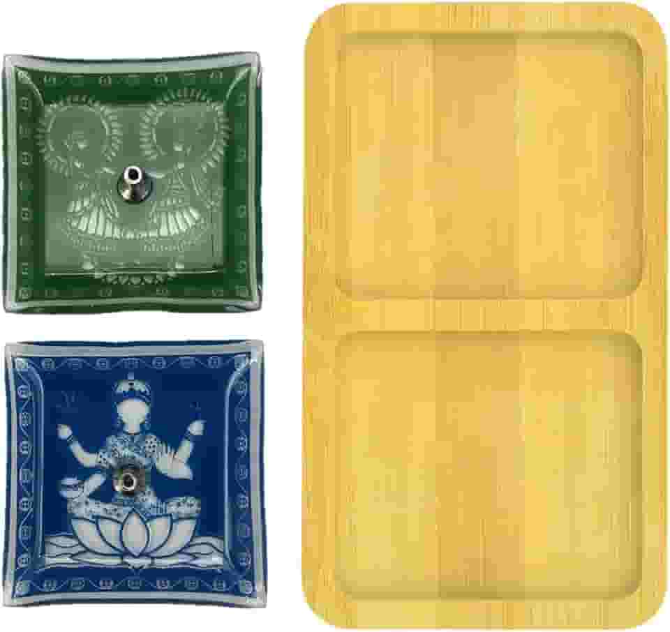 Kit Suporte de Vidro para Incenso com Aparador de Bambu – Incensário Elegante para Varetas – Decoração Zen (Azul e Verde)