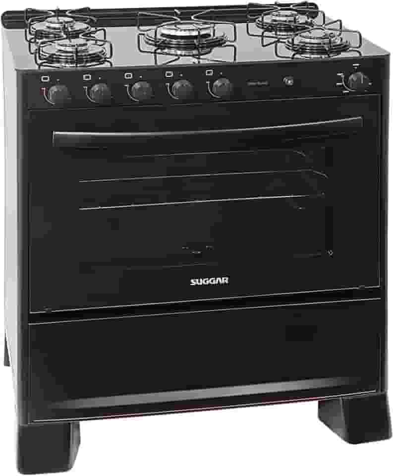 SUGGAR FOGÃO COOK GLASS PRETO MESA DE VIDRO 5 BOCAS MEGA CHAMA TREMPE 6 APOIOS ACENDIMENTO AUTOMÁTICO FGVCG510PT
