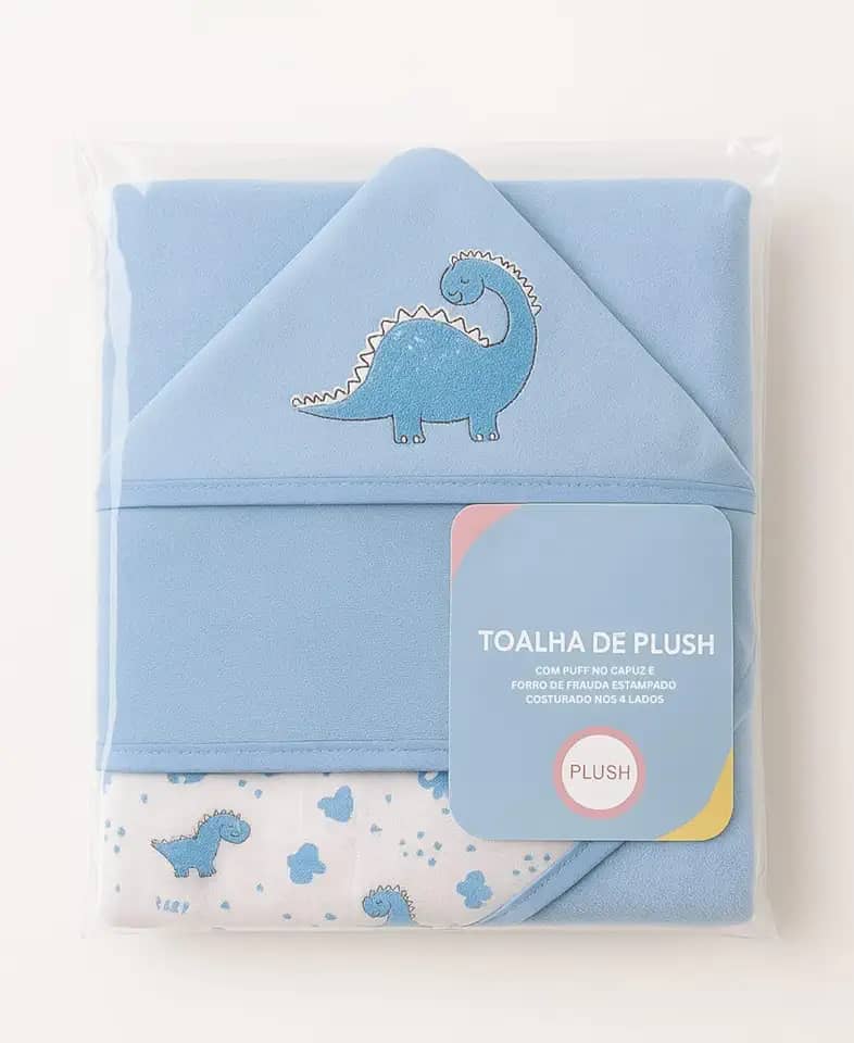 Toalha de banho bebe plush felpuda macia marca Bublim com forro de fralda e capuz enxoval de bebê infantil menino menina 68 x 68 cm (Azul - Dinossauro)