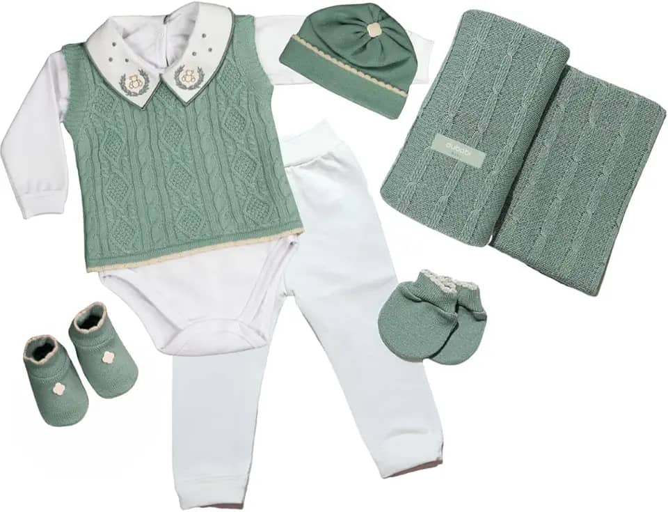 Kit Saida Maternidade Menino Completa Tricot 7 Peças Verde Militar
