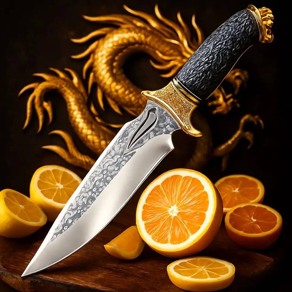 Faca Tática Premium de Lâmina Única Decorada, Cabo Ergonômico Antiderrapante e Full Tang, Ideal para Churrasco e Sobrevivência