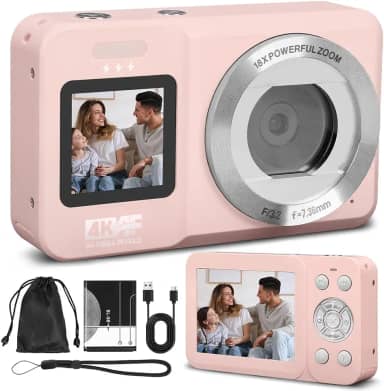 Câmera Digital, Câmera de Tela Dupla 4K 64MP, Zoom 18x, Aponte E Dispare 1 Baterias, Rosa, Camera Compacta, Time-Lapse, Temporizador, Vídeo HD(Cartão de Memória Não Incluído)