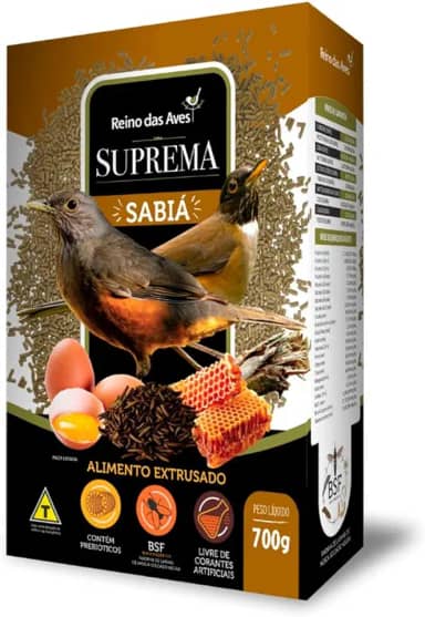 Ração Sabiá Suprema 700g Extrusada Sem Corante Super Premium Laranjeira Corrupião Pássaro Preto Com Farinha de Larvas Insetos BSF Reino das Aves