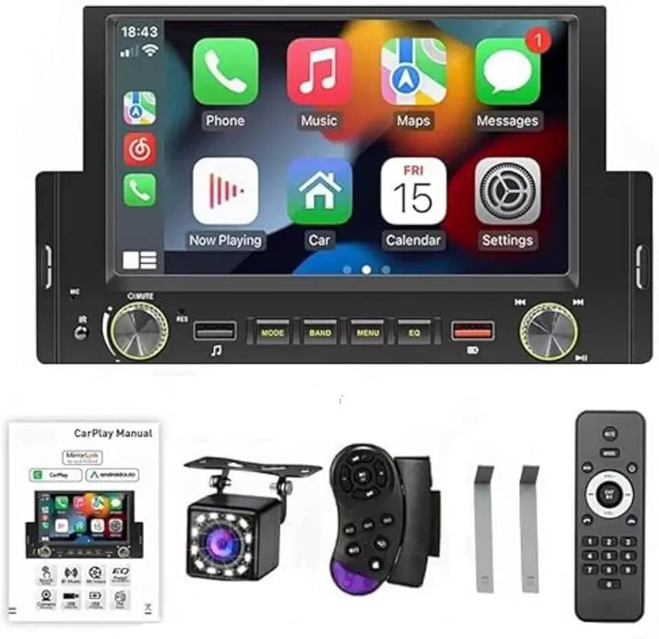 Sistema Estéreo para Carro, multimidia 1 din de 6,2 Polegadas, Compatível com Carplay e Android Auto, 12 LED Cámara Trasera, Bluetooth, suporta MP3 externo, telefones celulares