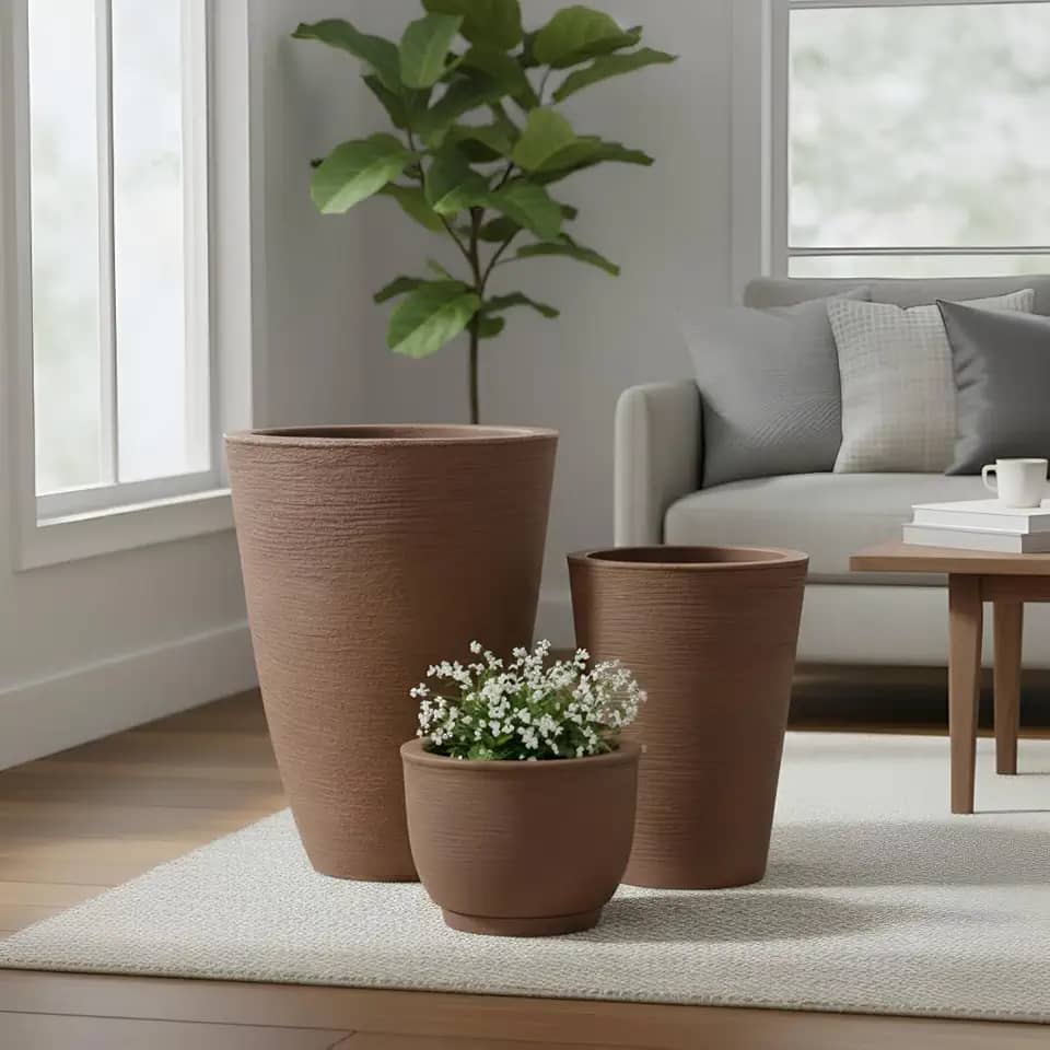 Kit 3 Vasos Para Plantas Polietileno Grafiato Luxo Marrom