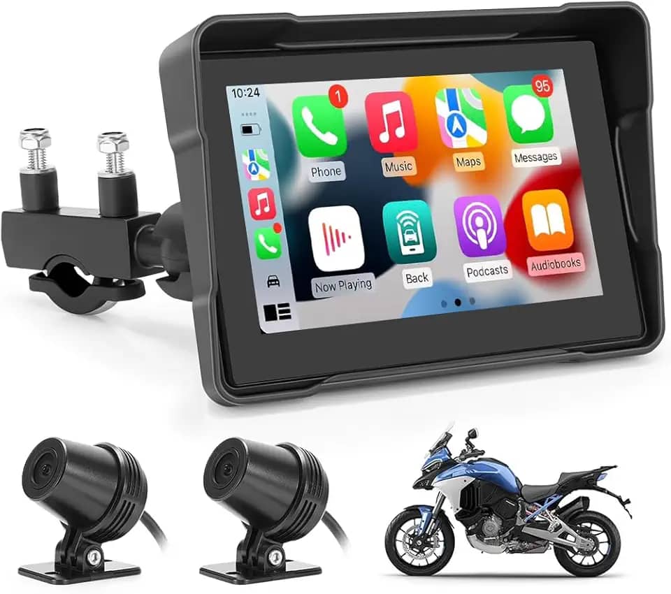 Multimídia para Motocicletas, Multimídia para Moto com 2 Câmeras, Tela Sensível Ao Toque de 5'' IPS 1080P, Conexão sem Fio, Suporte para Carplay Moto