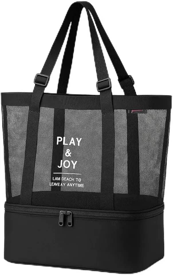 Bolsa de Praia de Rede Ventilada com Compartimento Térmico Isolado, Zíper Seguro e Alças Ajustáveis Reforçadas