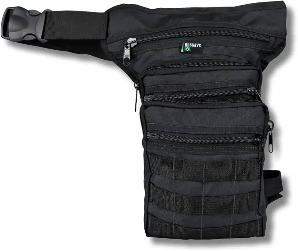 Pochete de Perna com 5 Compartimentos, RipStop Resistente, Sistema MOLLE, Ajuste na Cintura e Coxa, Fechos com Zíper, Capacidade 6,5L (PRETO)