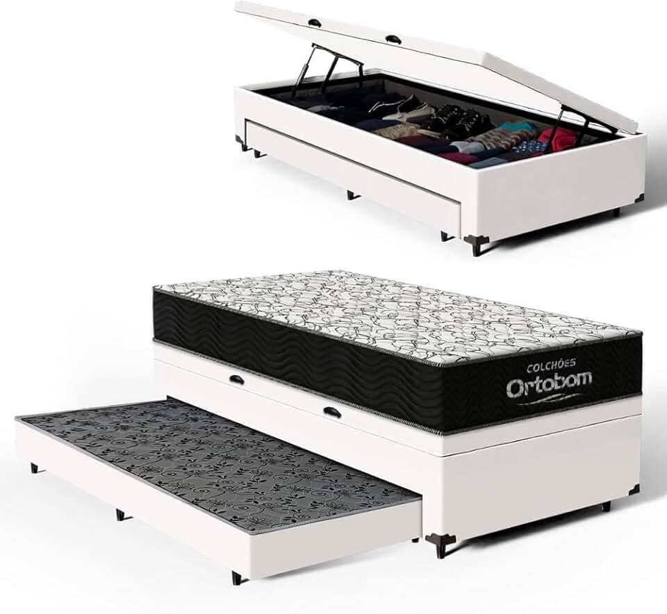 Bicama com Box Baú Solteiro com Colchão de Espuma D45 Ortobom Airtech 150 + Auxiliar Unique 88cm (Branco)