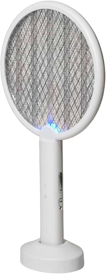 Raquete Elétrica Mata Mosquitos, Recarregável USB, com Luz UV, Base de Suporte, Dobrável, Bivolt, Cor Branca