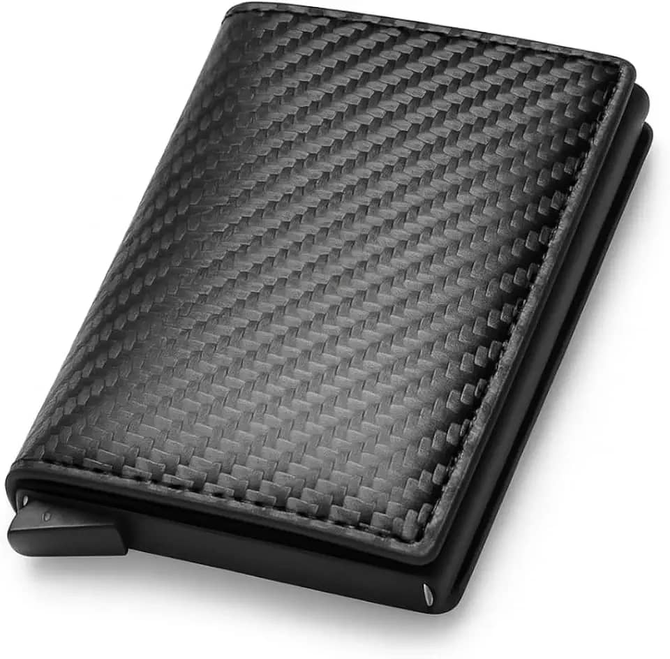 Carteira Masculina Slim Porta Cartões com Proteção RFID – Ejeção Automática Pop-Up, Couro Sintético Preto Premium, Fina, Segura e Compacta para 6 Cartões e Dinheiro