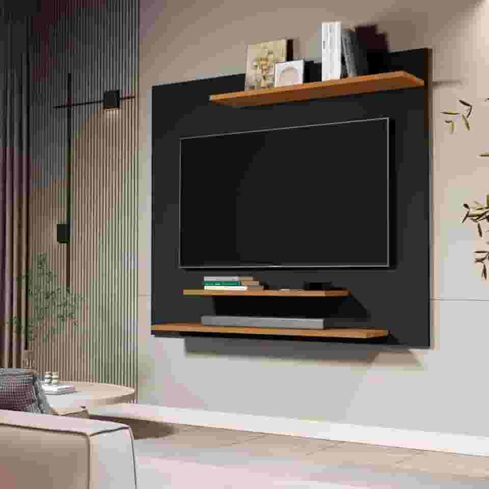 Painel para TV até 32 Polegadas 90x90 cm 3 Prateleiras Moderno para Sala de Estar ou Quarto (Preto/nature)