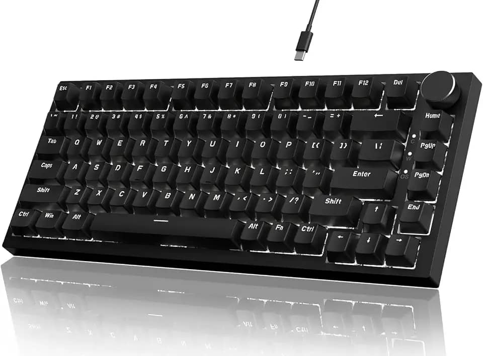 Attack Shark AK820 Teclado mecânico 75% hot-swappable, botão rotativo, USB-C, gasket com 5 camadas antirruído, LED branco, switch vermelho linear,Compatível PC/Win/Mac (preto)