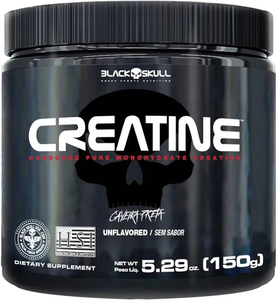 Black Skull Creatine Monohydrate - Suplementação para Treino, Performance, Ganho Muscular, Hipertrofia, Força e Resistência - Sem Sabor - Pote 150g
