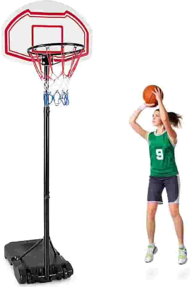 Goplus Cesta de basquete portátil, sistema de basquete ajustável de 2 a 8,7 metros de altura com 2 redes, base preenchível, 2 rodas embutidas, encosto de 73,7 cm e aro de 40,6 cm, suporte de basquete