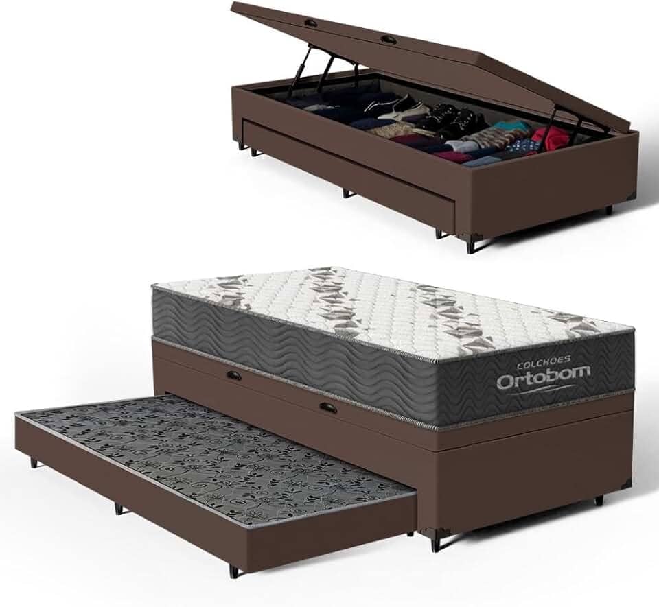 Bicama Box Baú Solteiro com Colchão de Espuma D33 Ortobom Airtech 100 + Auxiliar Unique 88cm (Marrom)