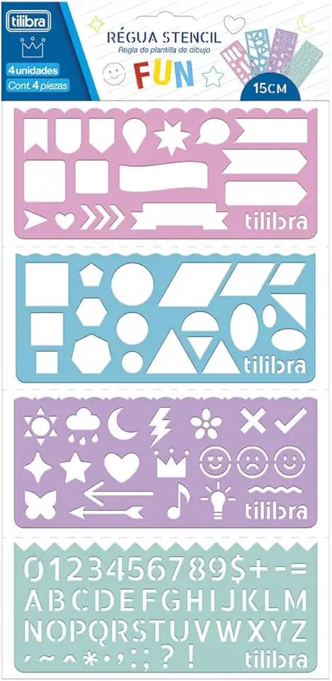 Tilibra - Régua Stencil Fun - Blister com 4 unidades - Tilibra
