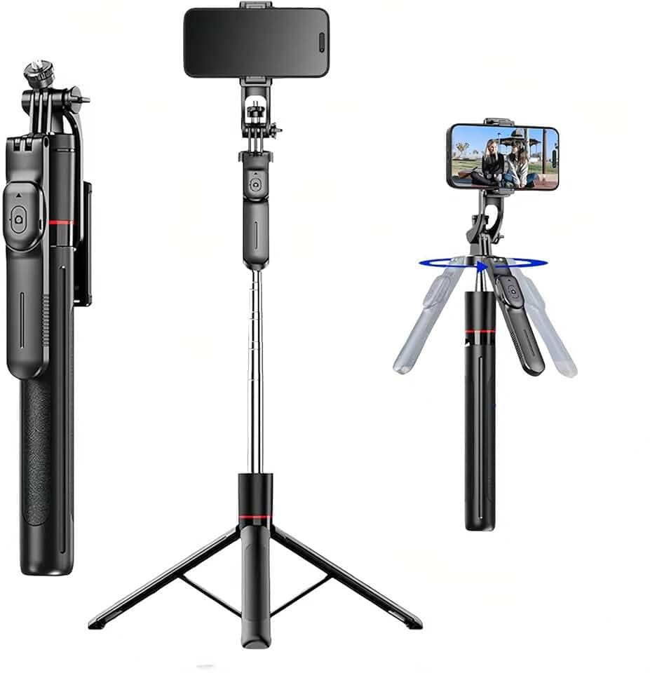 BEMMY Tripé Extensível 170CM Rotação de 360° para Celular, Vara de Selfie com Clipe e Controle Remoto, Tripé de Viagem com Clipe de Telefone Destacável para iPhone, Sony, Canon, GoPro (A)