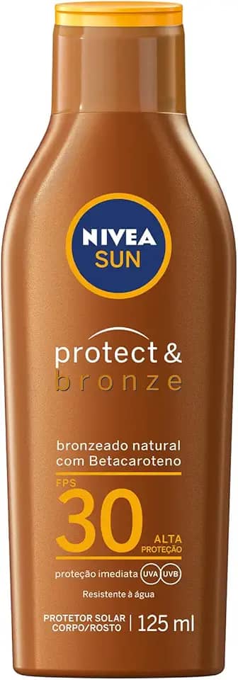 NIVEA SUN Protetor Solar Protect & Bronze FPS 30 125ml - Sua fórmula contém ativo pró-melanina, um ingrediente que estimula a produção de melanina da pele, promovendo um bronzeado bonito e saudável