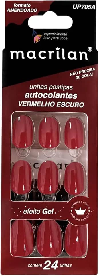Macrilan Unhas Postiças Formato Amendoado Com Adesivo - Vermelho Escuro - Plástico Abs Up705A -