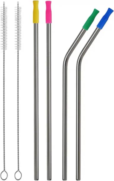 Canudo Inox Padrão e Milkshake Reutilizável Sustentável Aço Inoxidável Grosso Reto Curvado Com 2 Escovas de Limpeza - 6 Peças