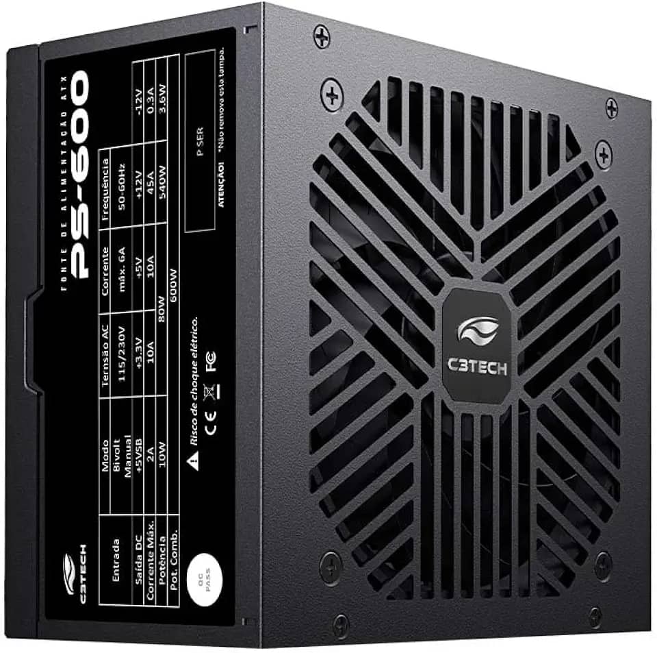 C3Tech Fonte Gamer ATX 600w PS-600BK, preta, Bivolt 115/230v, cabo Flat
