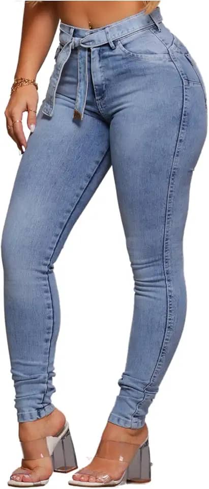 Calça Jeans Feminina Cós Alto Empina Bumbum Com Cinto Faixa Patria Brasil