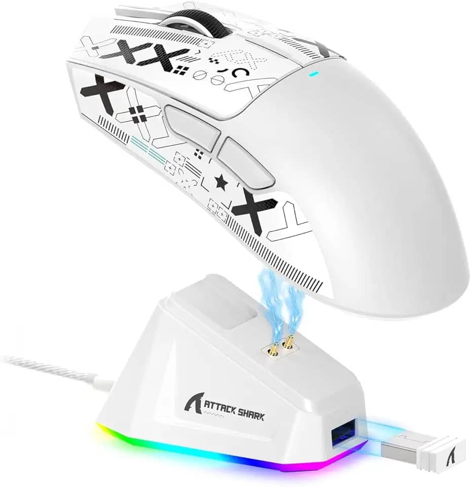 Mouse Gamer ATTACK SHARK X11 Sem Fio Tri-Mode (2.4G/Bluetooth/USB) Com Base RGB – Ergonômico, Alta Precisão Com Adesivo Personalizável (Branco)