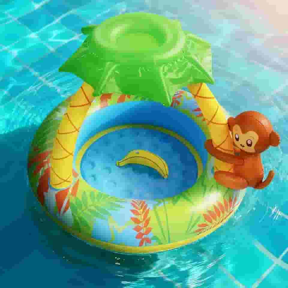 Piscina Inflável Infantil Redonda com Cobertura Tema Macaquinho para Quintal e Jardim, Fácil de Montar, Uso Externo, Diversão de Verão para Crianças