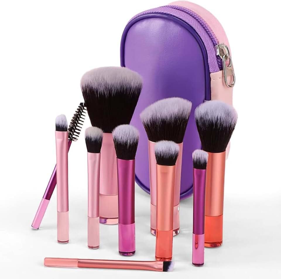 Kit 10 Pincéis De Maquiagem Travel Size Com Estojo – Cerdas Macias Mini Pincéis Para Base Blush Sombras Corretivo