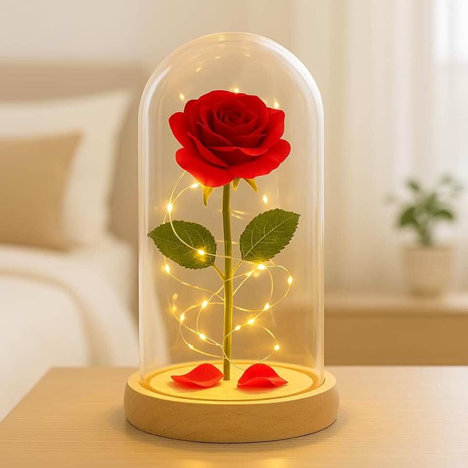 Redoma de Vidro com Rosa Encantada, Cúpula Decorativa LED, 20 cm, Vermelha, Inspirada na Bela e a Fera, para Presente e Decoração