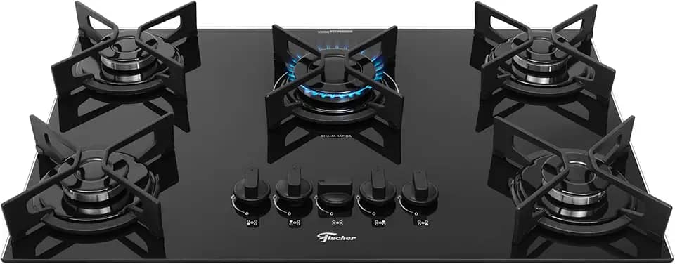 FISCHER COOKTOP À GÁS 5 BOCAS FIT LINE TREMPE IRON MESA VIDRO PRETO BIVOLT 36325-102672