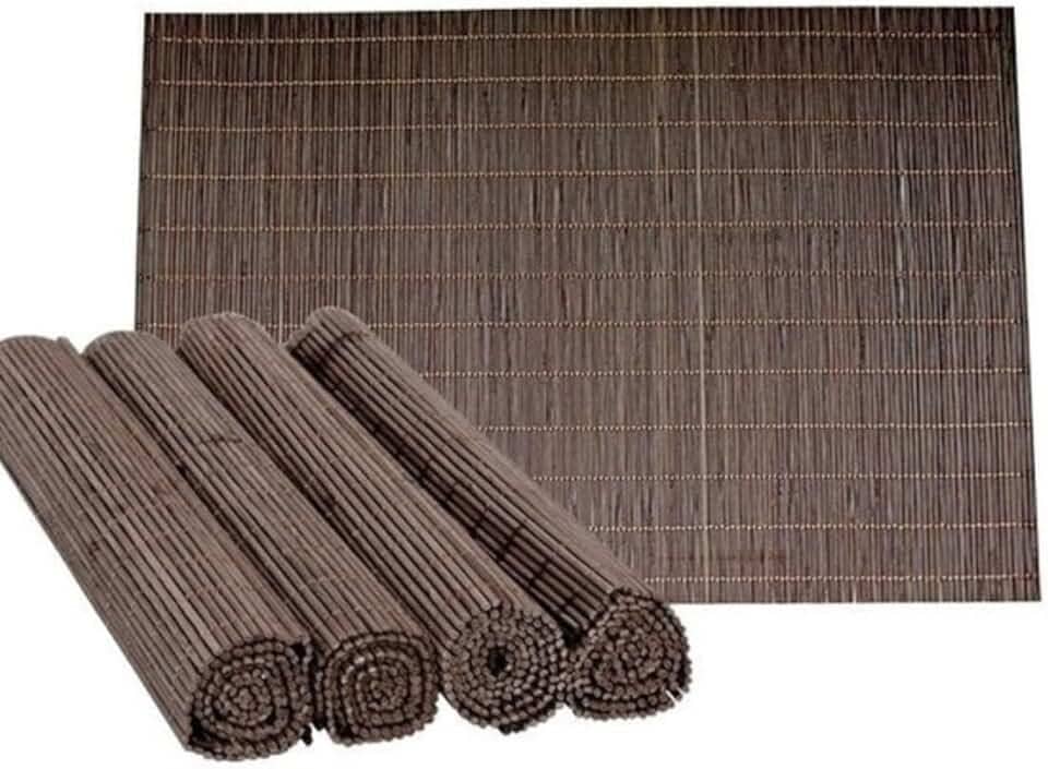 Kit Jogo Americano com 4 Peças – Palha Marrom com Bordado em Bege – Ideal para Mesa Posta, Almoços e Jantares (Bambu escuro)