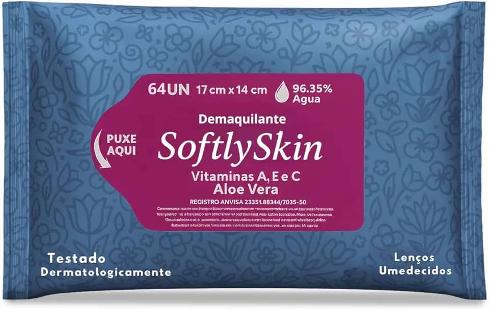 64Un Lenço Umedecido Demaquilante Softly Skin - Com Vitaminas - Suave, Eficaz e Ideal para Remoção de Maquiagem e Cuidados com a Pele