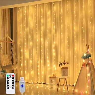Cortina de Luz LED 3x3m com 300 LEDs Pisca Pisca Branco Quente, USB, Controle Remoto, 8 Modos, Resistente a água IP68, Natal, Festa, Casamento, Quarto Decoração Encantadora com Fio de Fada